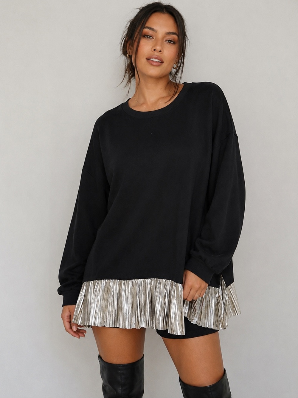 Pilcro Black Sweatshirt with Silver Metallic Fringe